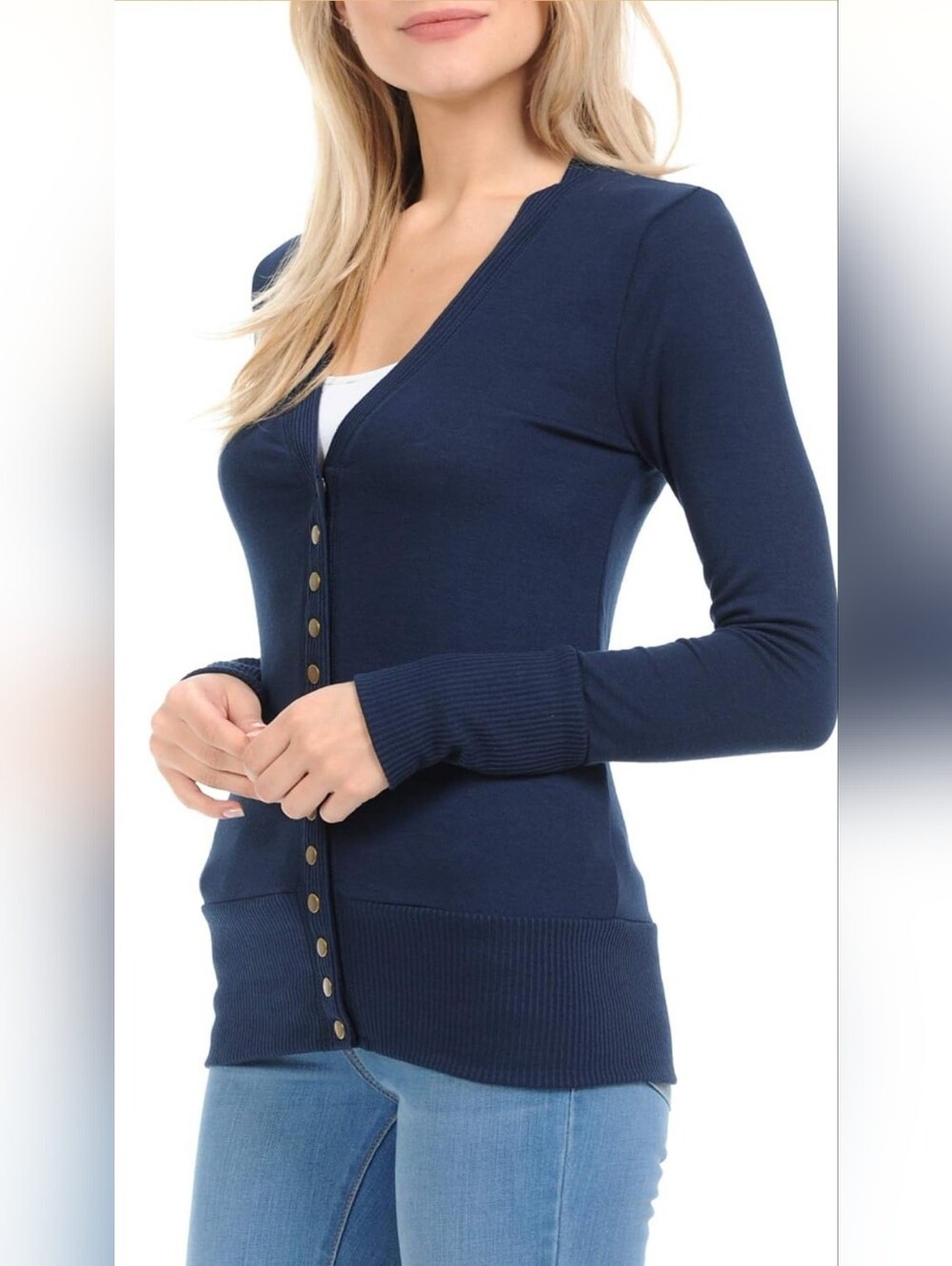 NWT Navy Blue V Neck Ribbed Hem Snap Button Cardigan Sweater 💙